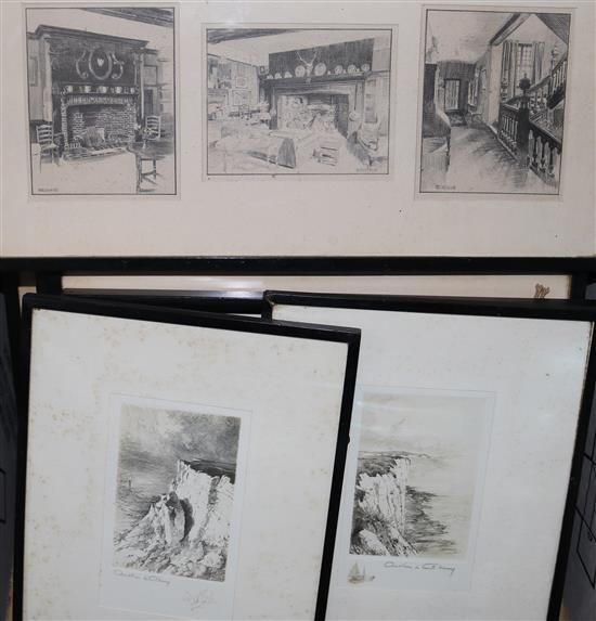 Ten small framed etchings in black frames